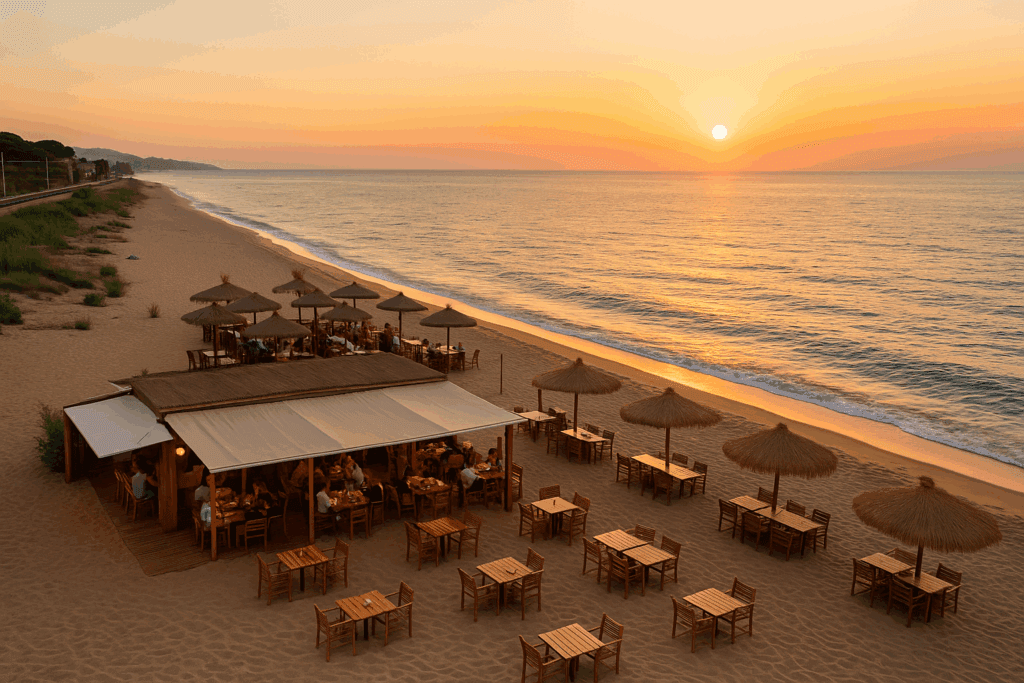 Vista aérea de un chiringuito en la playa del Maresme al atardecer con sombrillas y mesas junto al mar