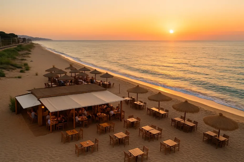 Vista aérea de un chiringuito en la playa del Maresme al atardecer con sombrillas y mesas junto al mar