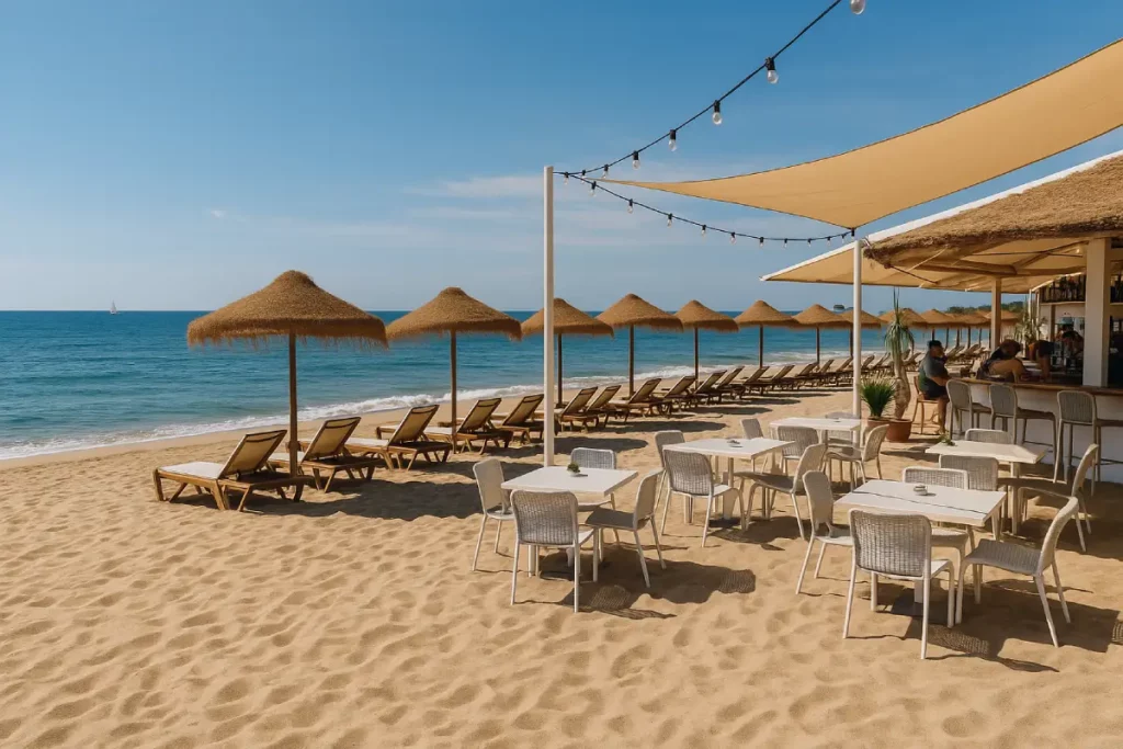 Chiringuito de playa en el Maresme con tumbonas bajo sombrillas y mesas sobre la arena frente al mar Mediterráneo
