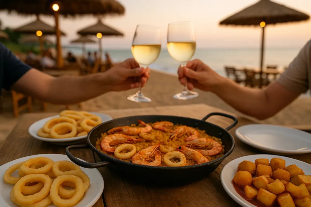 Tapas mediterráneas servidas en la mesa de un chiringuito en la playa del Maresme con el mar de fondo