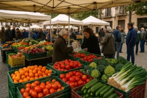Paradas de fruta y verdura en un mercadillo al aire libre del Maresme con ambiente local y toldos beige