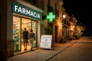 Farmacia de guardia en el Maresme abierta de noche con iluminación y cruz verde en un pueblo costero