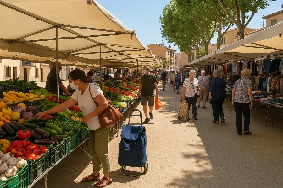 Mercadillo semanal en el Maresme con puestos de fruta, verdura y ropa bajo toldos en una plaza mediterránea