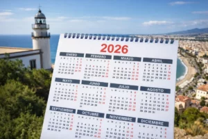 Calendario 2026 sostenido frente al faro de Calella y la costa del Maresme