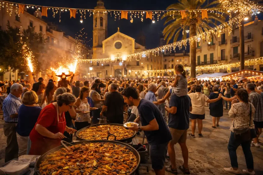 Verbena de verano en el Maresme con paella popular, correfoc y vecinos celebrando una Festa Major en una plaza mediterránea iluminada
