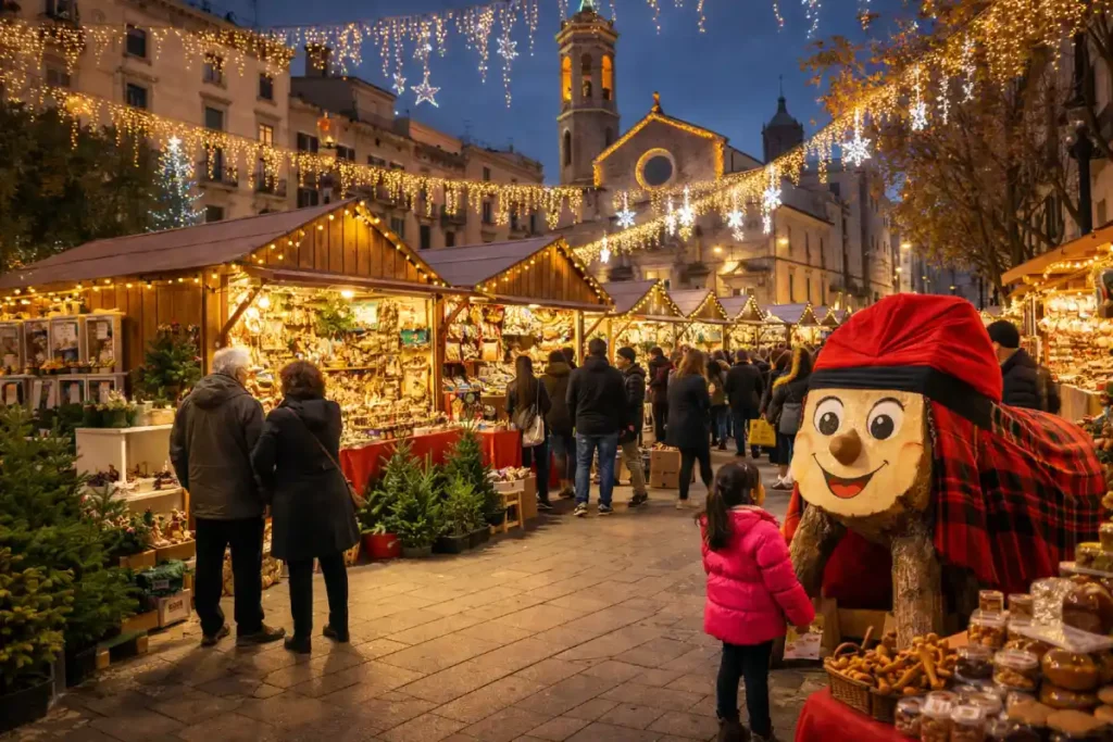Fira de Nadal de Mataró en la Plaça Santa Anna con casetas de pesebres, luces navideñas y un Tió Gegant rodeado de visitantes
