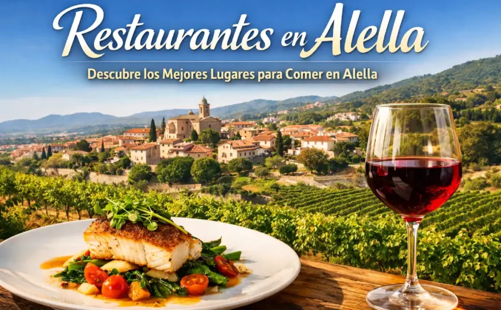 Vista gastronómica de Alella con viñedos, plato de cocina mediterránea y copa de vino, representando los mejores restaurantes en Alella y la experiencia gastronómica del Maresme.