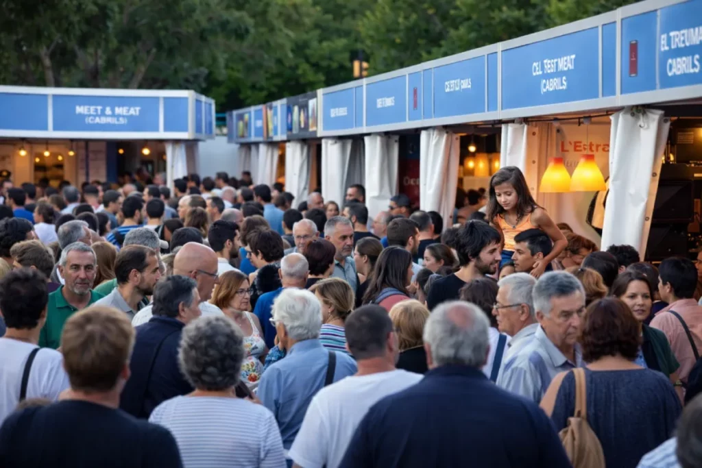 Ambiente en la Mostra Gastronómica Cabrils con stands de restaurantes y público disfrutando de la fira gastronómica en verano